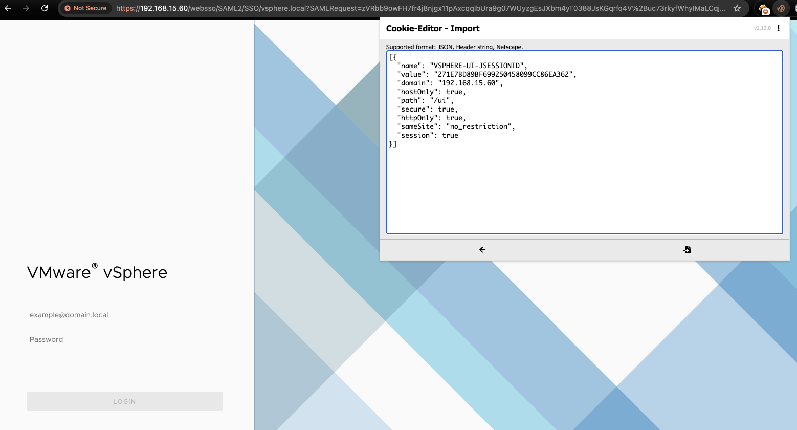 Importing the forged session cookie into the browser to access the vSphere UI as administrator