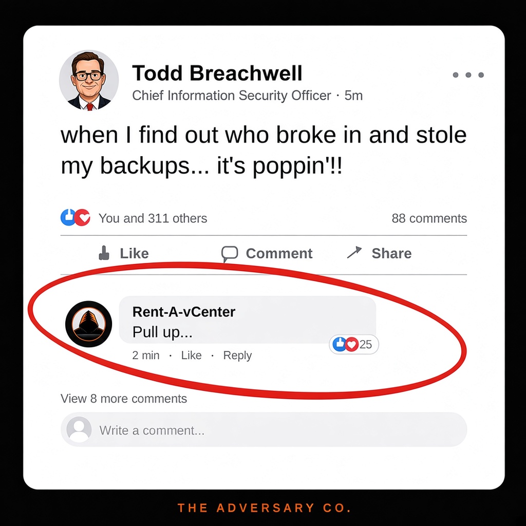 Meme: CISO Todd Breachwell posts about someone stealing his backups; Rent-A-vCenter replies 'Pull up...'