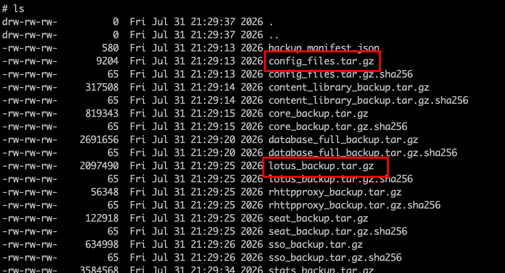 vCenter backup archive containing lotus_backup.tar.gz and config_files.tar.gz