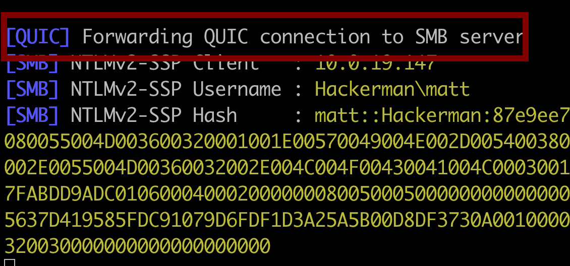 Net-NTLMv2 hash captured via SMB over QUIC